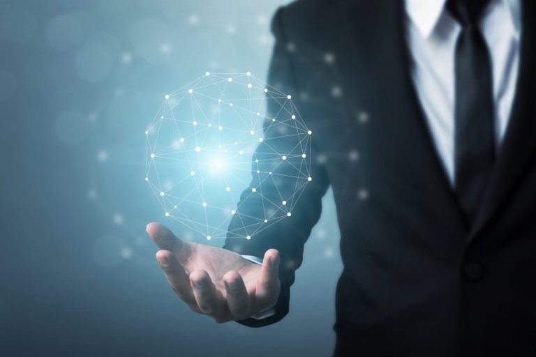 Computer network and internet connection concept, Businessman hand holding network sphere